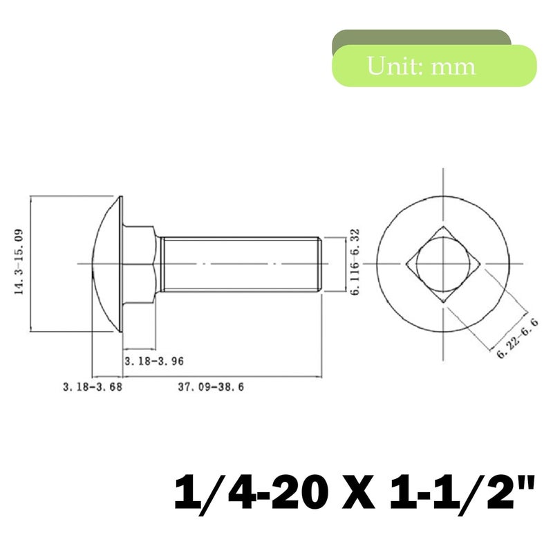 sotoolstop Store 1/4-20 x 1-1/2" Carriage Bolts Screws, Stainless Steel 18-8 (304) Round Head Square Neck Carriage Bolts, Fully Threaded, Pack of 20 - Image 5